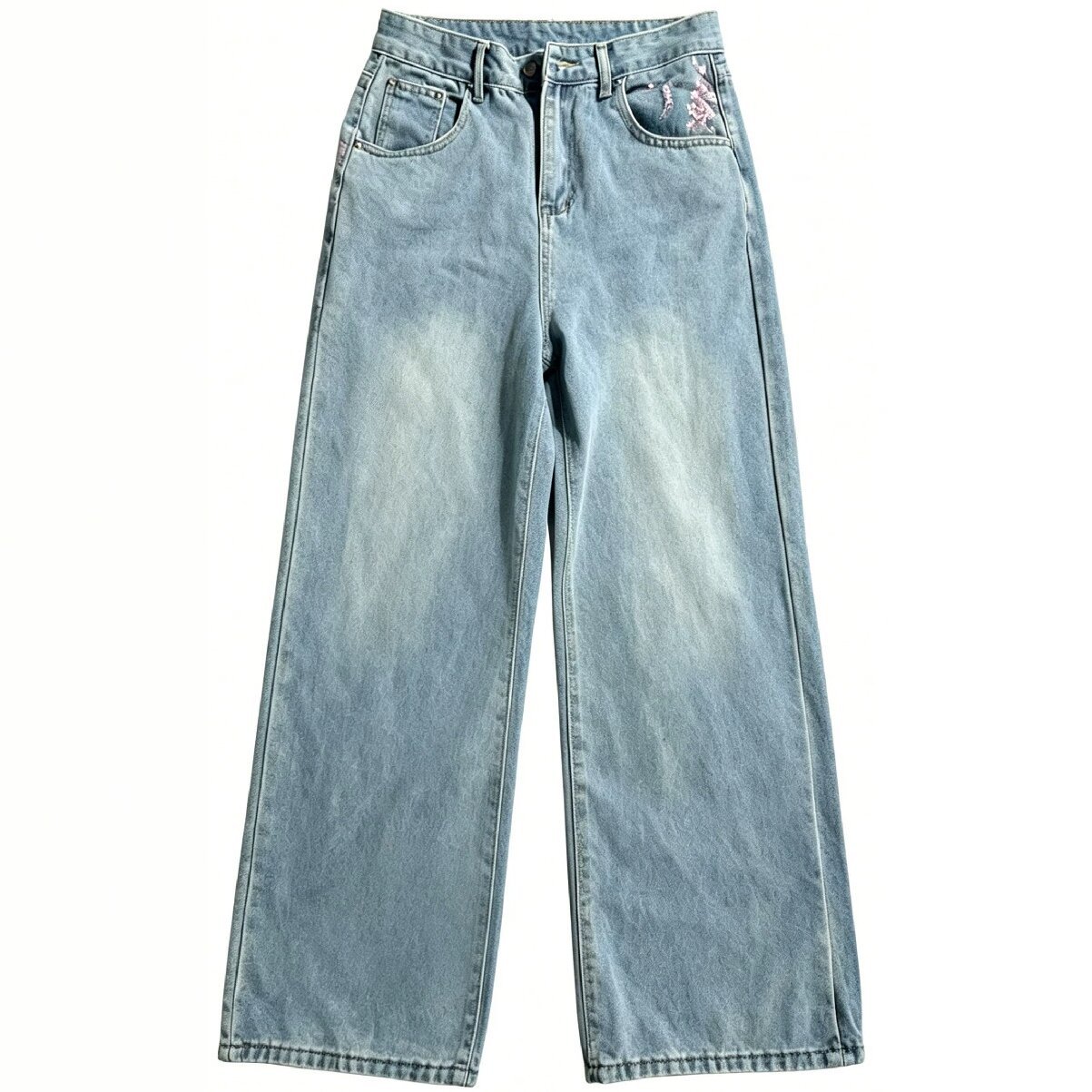 Embroidery Jeans Sakura - Gençler için Yüksek Bel Bol Paça