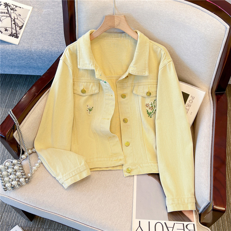 Embroidery Jacket Jeans - Kore Vintage Çiçek Nakış Sarı Kısa