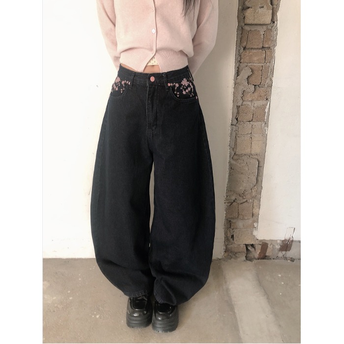 Embroidery Jeans Sakura - 2026 İlkbahar Yüksek Bel Sakura Nakışlı