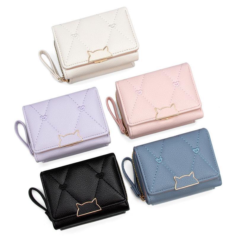 Embroidery Wallet - PU Deri Kısa Cüzdan, Kedi Tokalı