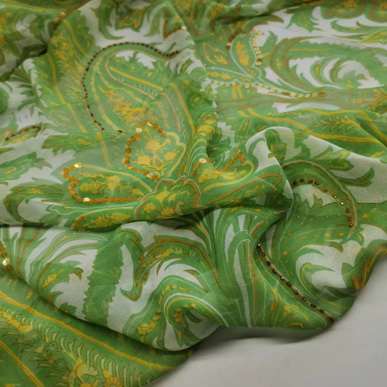 Embroidery Pashmina - Payet Ipek Georgette Kumaş Paisley Baskı
