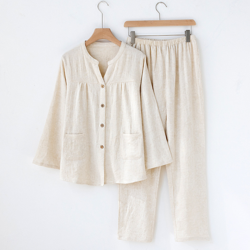 Linen Fabric Natural - Japon Tarzı Kadın V Yaka Pijama