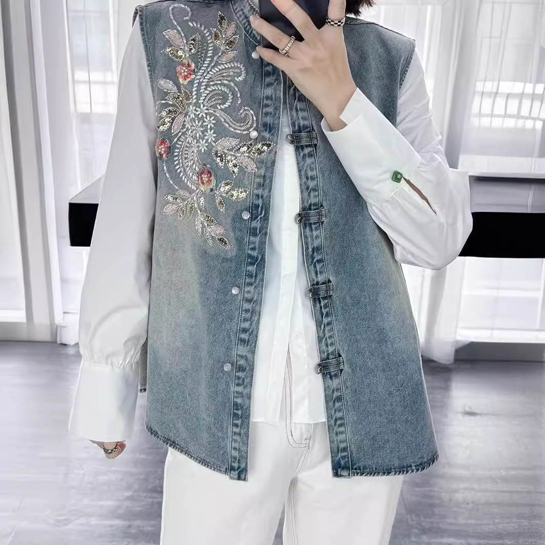 Embroidery Jacket Jeans - Denim Mont Kadın Yelekler Ceket Yuvarlak
